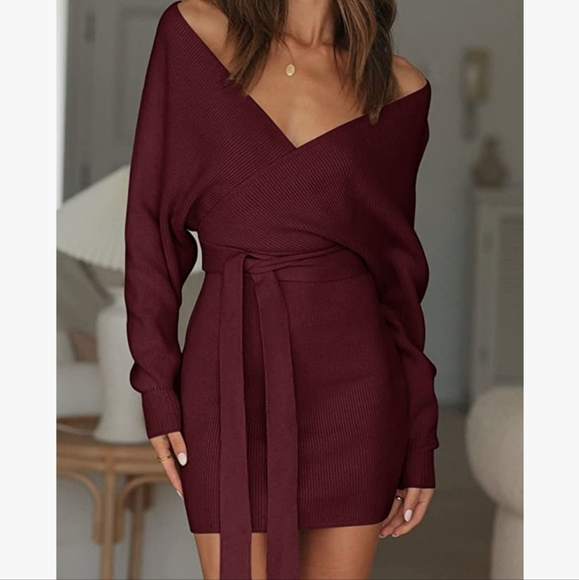 Burgundy Knitted Sweater Bodycon Mini Dress - Picture 1 of 7